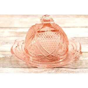 Vintage EAPG Massachusetts Pattern, Pink Depression Glass, Butter Dish